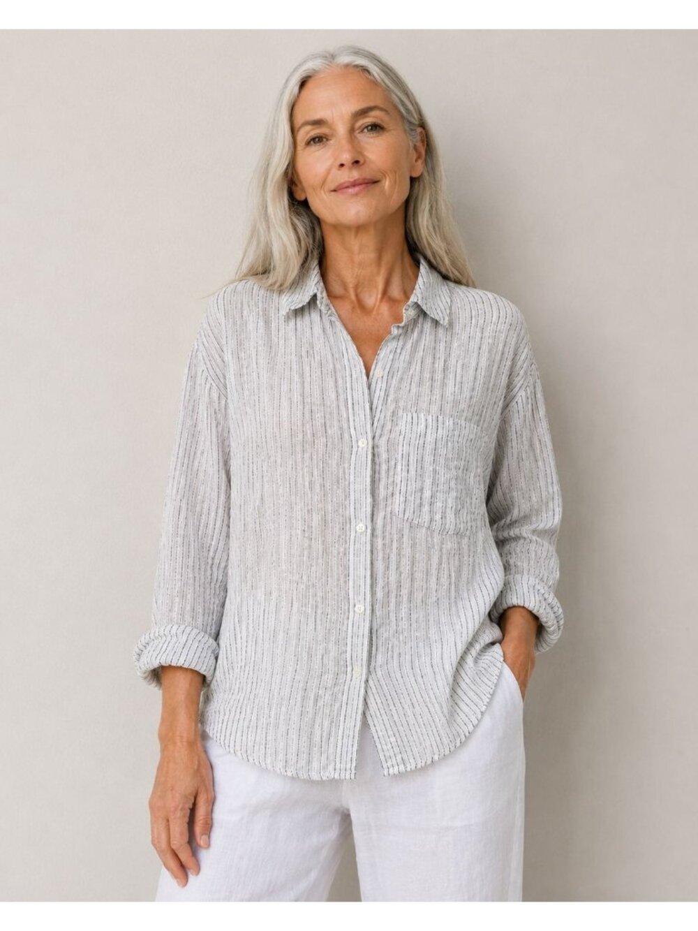 Eileen Fisher Gray White striped Organic Linen Shirt Large neutral minimalist